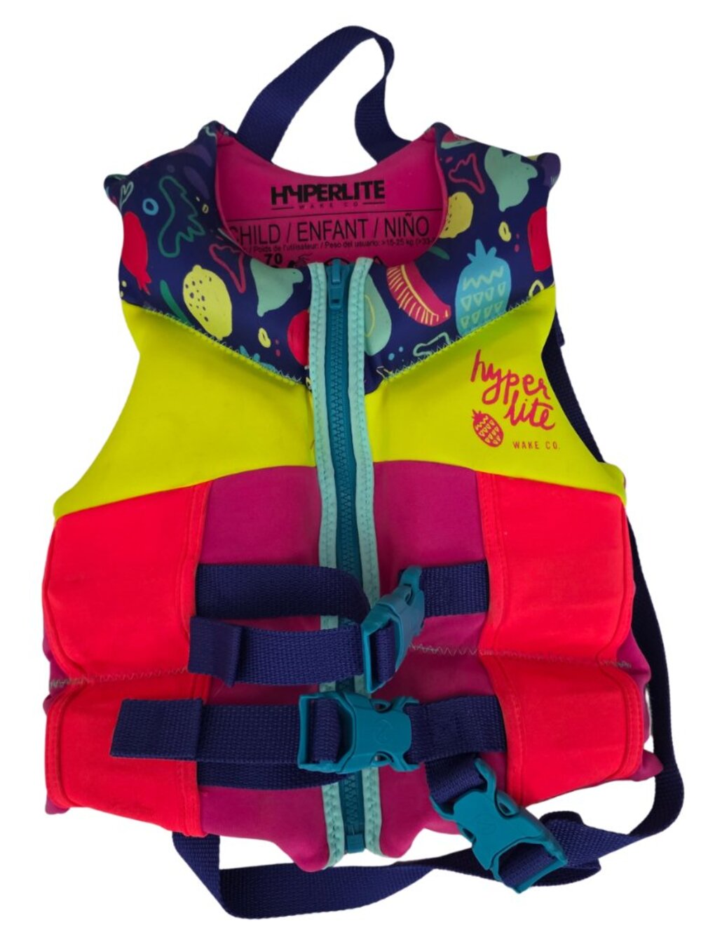 Hyperlite Kids Neon Pink & Yellow Swim Vest with Blue Accents